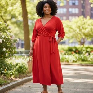 Draper James RSVP Red Wrap Dress‎ Women 3X Plus Size Tie Belt Midi Casual Chic